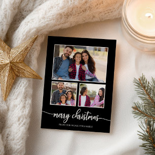 Cartão Postal Colagem de 3 Fotos Cute Script Natal Preto