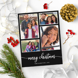 Cartão Postal Colagem de 4 Fotos Cute Script Natal Preto