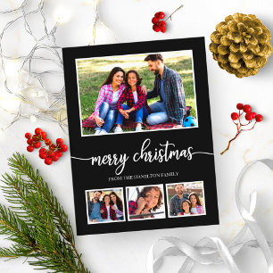 Cartão Postal Colagem de 4 Fotos Feliz Natal Moderno Preto