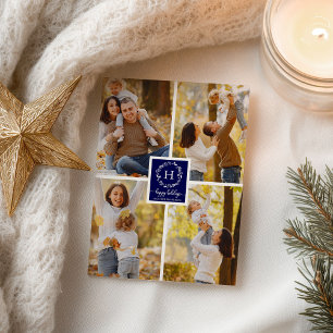 Cartão Postal Colagem de 4 Fotos Felizes Festas de Natal Azul