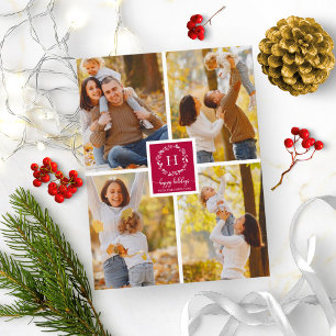 Cartão Postal Colagem de 4 Fotos Monograma Felizes Festas Natal