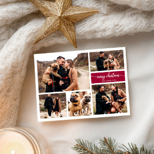 Cartão Postal Colagem de 5 Fotos Chic Script Feliz Natal