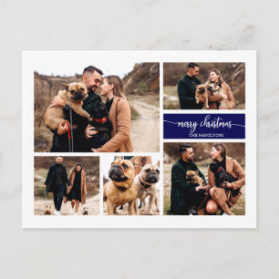 Cartão Postal Colagem de 5 Fotos Chic Script Feliz Natal Azul