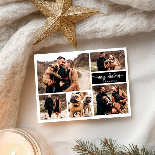 Cartão Postal Colagem de 5 Fotos Chic Script Feliz Natal Preto