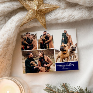 Cartão Postal Colagem de 5 Fotos Fonte Elegante Feliz Natal Azul