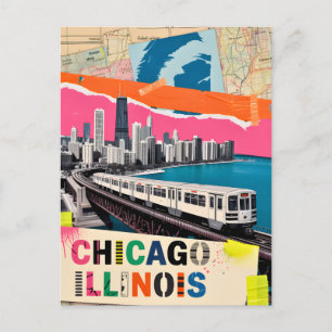 Cartão Postal Colagem de Arte Pop de Trem da Silhueta de Chicago
