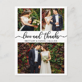 Cartão Postal Colagem de Casamento Caligrafia 3 Fotos Obrigado