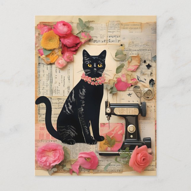 Cartão Postal Colagem de Colar Preto de Gato de Costura (Frente)