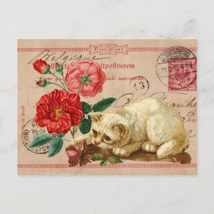 Cartão Postal Colagem de colheita com travessia de gatos e flore