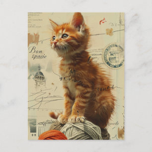 Cartão Postal Colagem de Fios Ginger Kitten Mídia mista