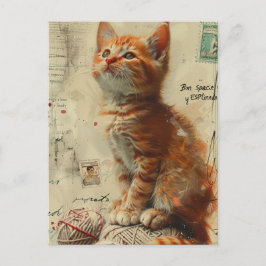 Cartão Postal Colagem de Fios Ginger Kitten Mídia mista