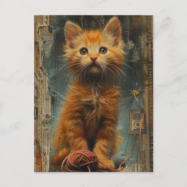 Cartão Postal Colagem de Fios Ginger Kitten Mídia mista (Frente)