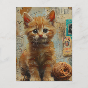 Cartão Postal Colagem de Fios Ginger Kitten Mídia mista