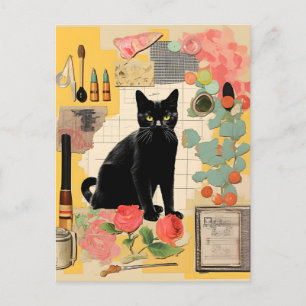 Cartão Postal Colagem de flores de gato preto retrô