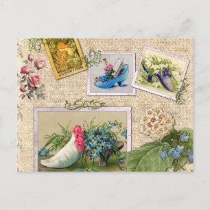 Cartão Postal Colagem de Flores Vintage e Sapatos de Moda Fofo