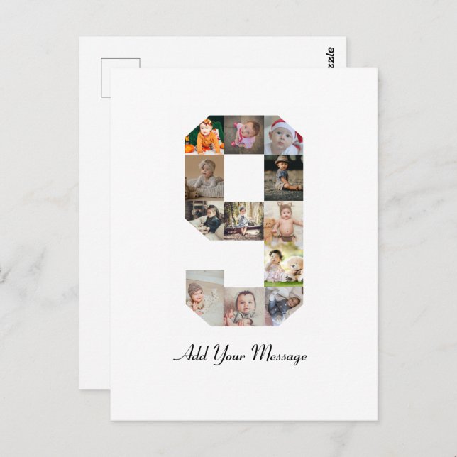 Cartão Postal Colagem de Fotografias do Número 9 Preto e Branco (Frente/Verso)