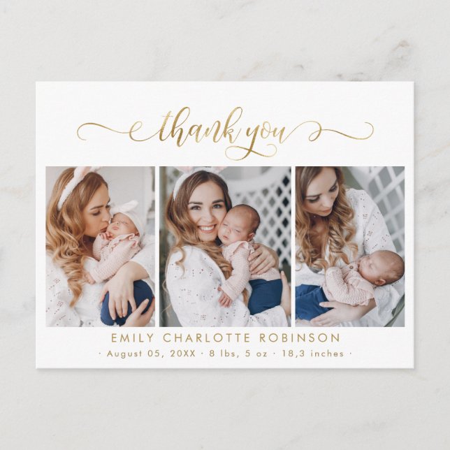 Cartão Postal Colagem de Fotografias recém-nascida Script Dourad (Frente)