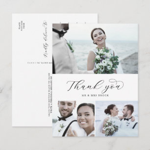 Cartão Postal Colagem de Fotos 3 Casamento Elegant Script Obriga