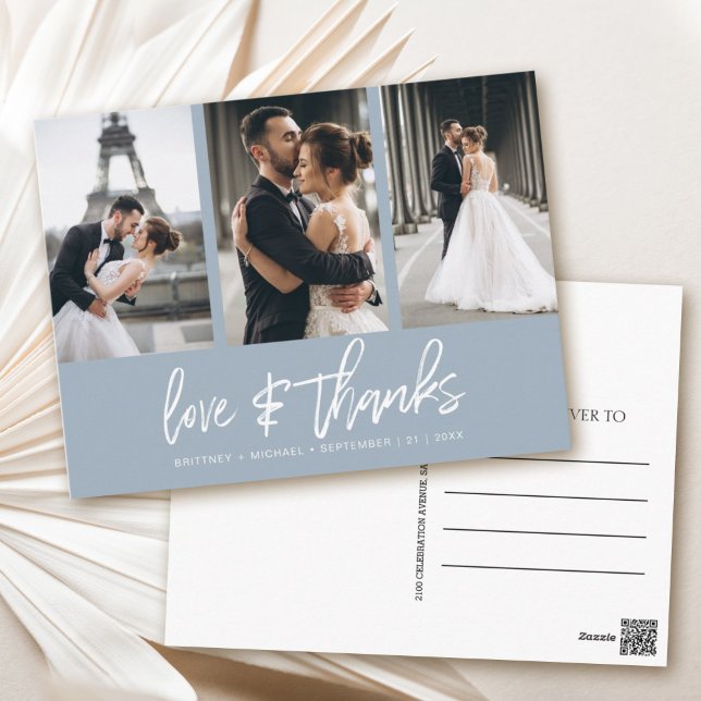 Cartão Postal Colagem de Fotos com Letra Mão Azul Dusty Obrigado (Show your appreciation to your loved ones with an awesome photo thank-you card!)