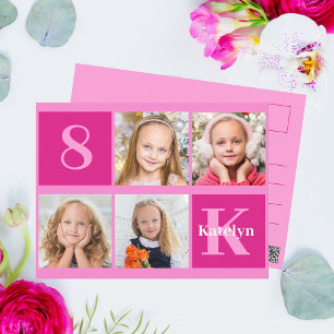 Cartão Postal Colagem de Fotos de Aniversário Rosa Choque Chic