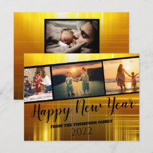Cartão Postal Colagem de Fotos de Ano Novo Feliz Preto e Dourado