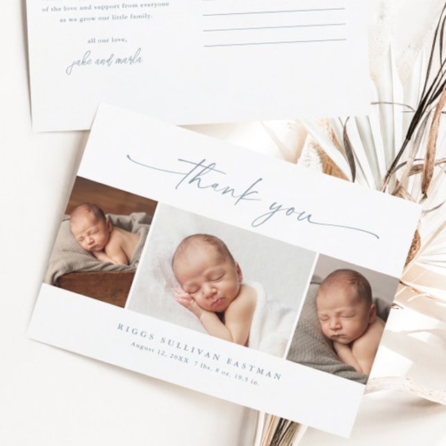 Cartão Postal Colagem de Fotos de Bebê com Roteiro Simples Obrig (Dusty blue script 3 boys photo baby thank you cards.)