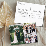 Cartão Postal Colagem de Fotos de Casamento Obrigado<br><div class="desc">Belo obrigado de casamento, seus cartões postais com três de suas fotos favoritas do dia do casamento e um design de texto simples e moderno. Adicione suas fotos à frente e sua mensagem e devolva o endereço para trás. Se precisar de ajuda para recortar ou colocar suas fotos - entre...</div>