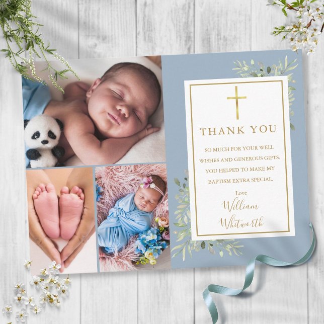 Cartão Postal Colagem de Fotos de Folhagem Azul Dusty Baptism Ob (Dusty Blue Foliage Photo Collage Baptism Thank You Postcard)