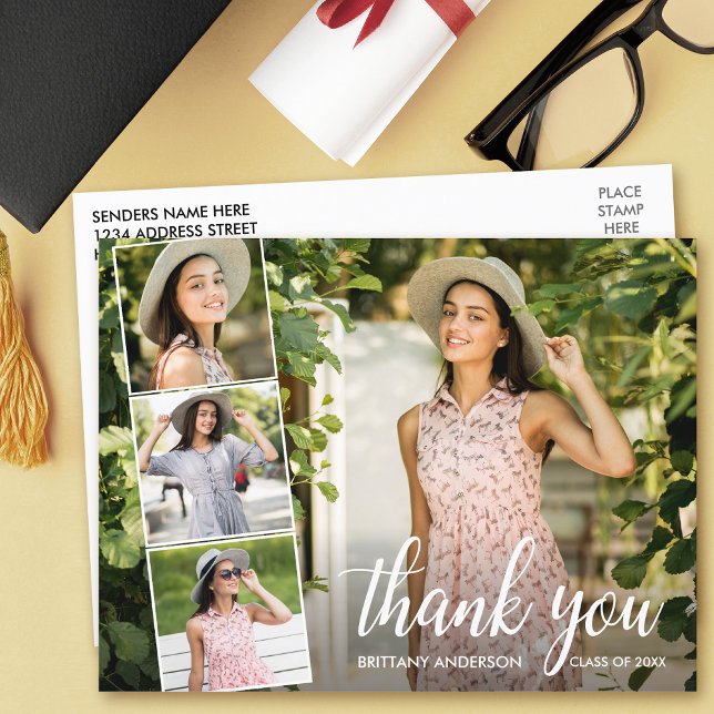 Cartão Postal Colagem de Fotos de Graduação 4 Agradecimento de C (Customize to change your personalized text size or text style.)