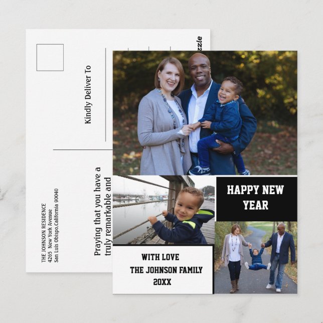 Cartão Postal Colagem de Fotos do Feliz ano novo 3 Moderno (Frente/Verso)