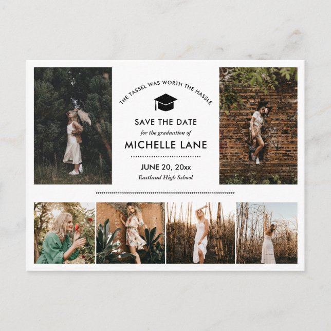 Cartão Postal Colagem de Fotos do Formando Moderno Salva A Data (Frente)