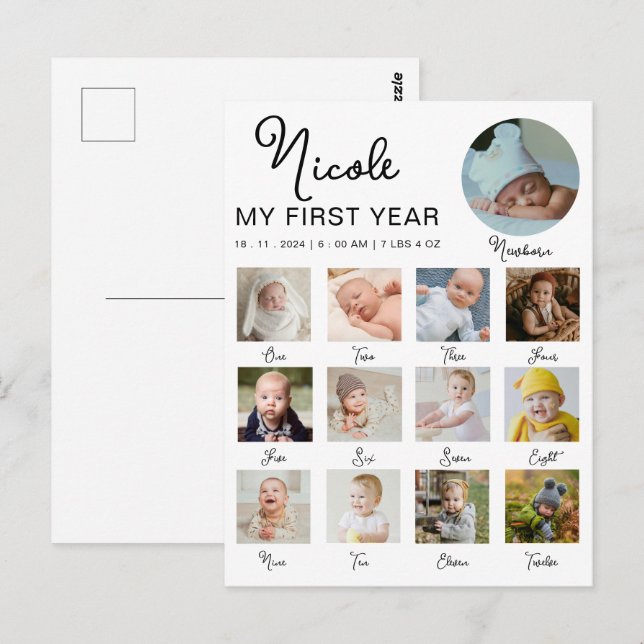 Cartão Postal Colagem de Fotos do Primeiro Ano do Bebê 12 Meses  (Frente/Verso)