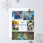 Cartão Postal Colagem de Fotos Moderna de Hanukkah Feliz Azul<br><div class="desc">Este cartão postal feliz e giro Hanukkah apresenta um layout moderno de 5 fotos da família em um fundo branco com tipografia azul. Este belo cartão de feriado judeu apresenta a sua própria colagem fotográfica em torno da sua mensagem e nome da família.</div>