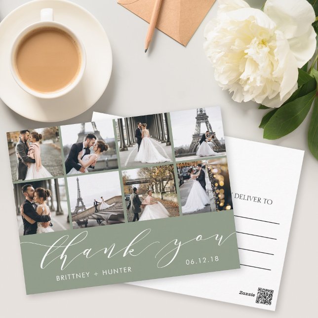 Cartão Postal Colagem de Fotos Moderna Obrigado Verde Sage (Criador carregado)