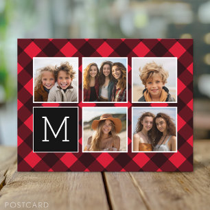 Cartão Postal Colagem de Fotos - Monograma Vermelho Preto Xadrez
