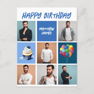Cartão Postal Colagem de Fotos Personalizada Azul de Aniversário
