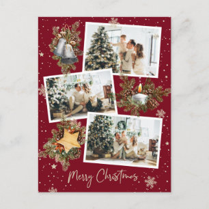 Cartão Postal Colagem de Fotos Vermelha 3 Personalizada Feliz Na
