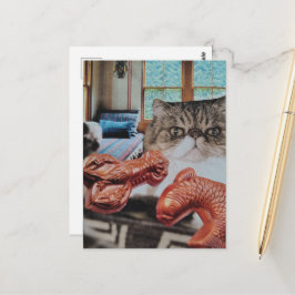 Cartão Postal Colagem de Gatinho Fofo com Lagosta e Peixe