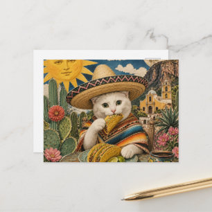 Cartão Postal Colagem de gato surreal comendo tacos