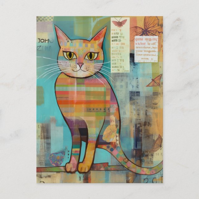 Cartão Postal Colagem de Gatos Coloridos Funky (Frente)