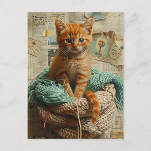 Cartão Postal Colagem de Meia com Gatinho Gengibre Mídia Mista