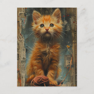 Cartão Postal Colagem de Meios Mistos de Fio de Gatinho Gengibre