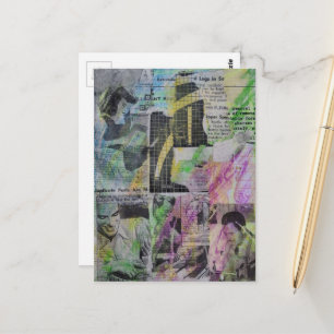 Cartão Postal Colagem de mídia mista abstrata de marcenaria retr