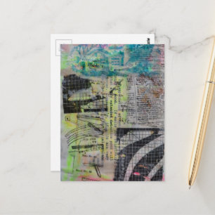 Cartão Postal Colagem de mídia mista abstrata de marcenaria retr