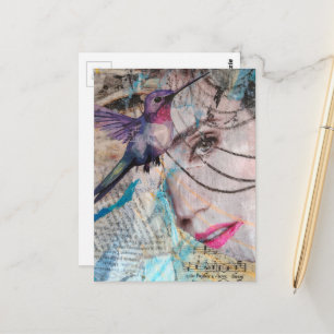 Cartão Postal Colagem de Mídia Mista Abstrata de Rosto e Beija-f