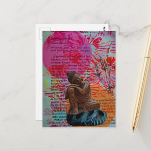 Cartão Postal Colagem de Mídia Mista Buda da Paz e Flores
