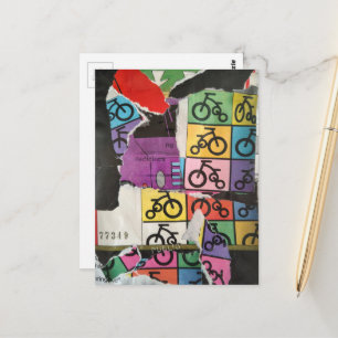 Cartão Postal Colagem de mídia mista colorida de bicicletas