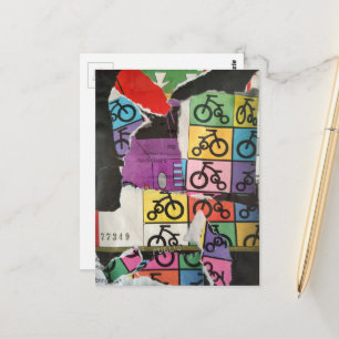 Cartão Postal Colagem de mídia mista colorida de bicicletas