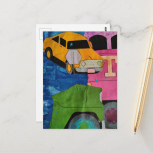 Cartão Postal Colagem de mídia mista de carro amarelo rosa e cam