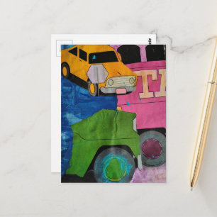 Cartão Postal Colagem de mídia mista de carros e caminhões